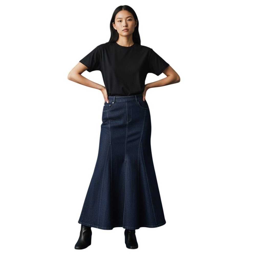 Halara Black Denim Dk Academia Mermaid Y2K Maxi Skirt S Flared Panel Whimsigoth